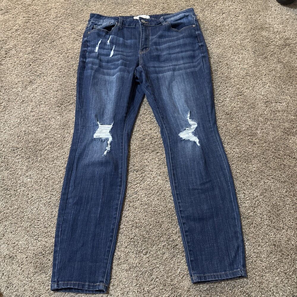 Kancan Estilo High Rise Ripped Ankle Skinny Jeans Women's Size XL Dark Blue Wash